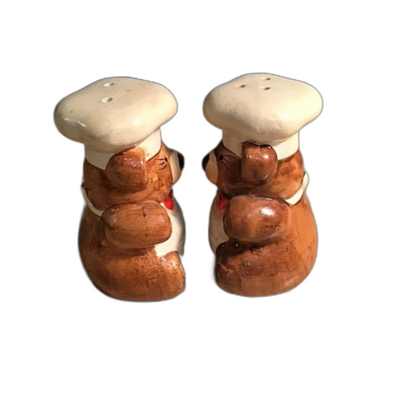 Vintage Salt And Pepper Shaker Set Brown Bears with Aprons Chef Hat And Red Bows - Picture 4 of 6